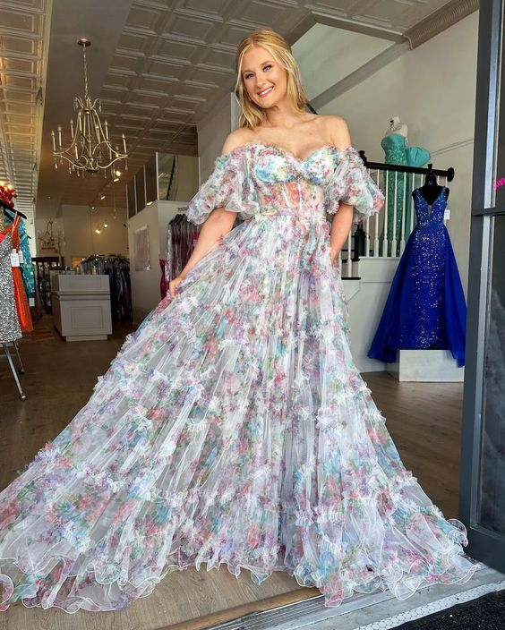 Elegant Off The Shoulder Flowers Long Prom Dress Tulle Evening Dress Main image