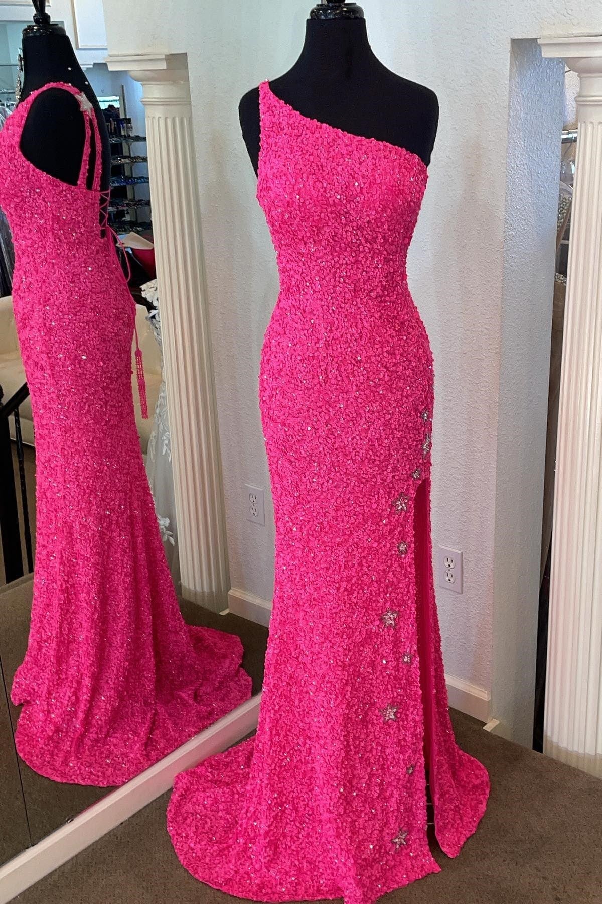 One Shoulder Stars Mermaid Sequins Formal Dress With Slit