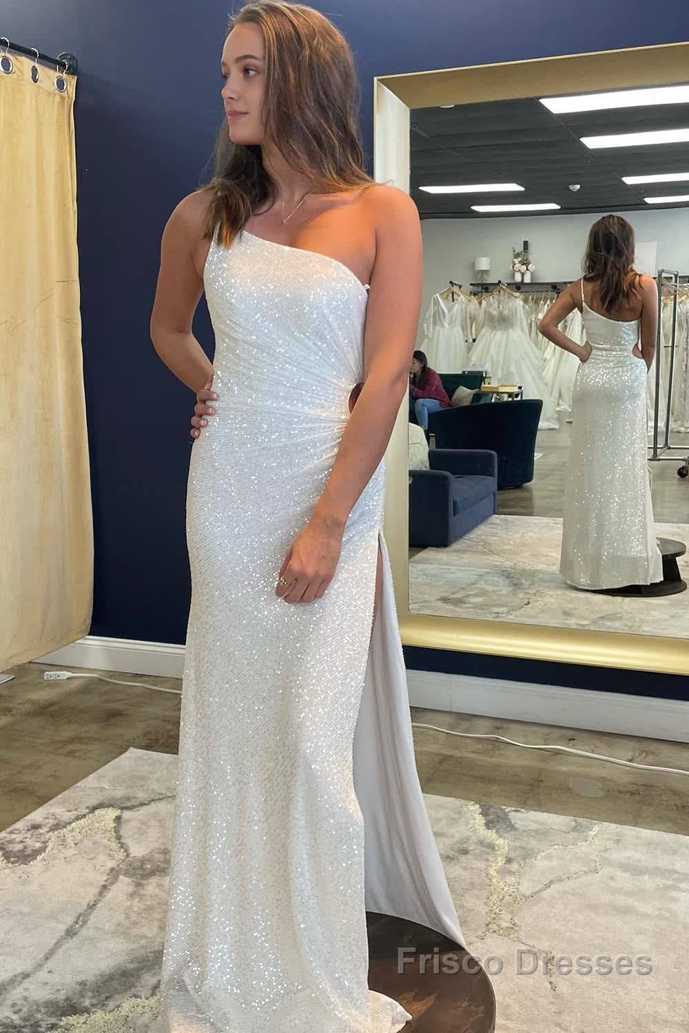 One Shoulder White Sparkly Mermaid Sequins Long Prom Dress with Slit Main image