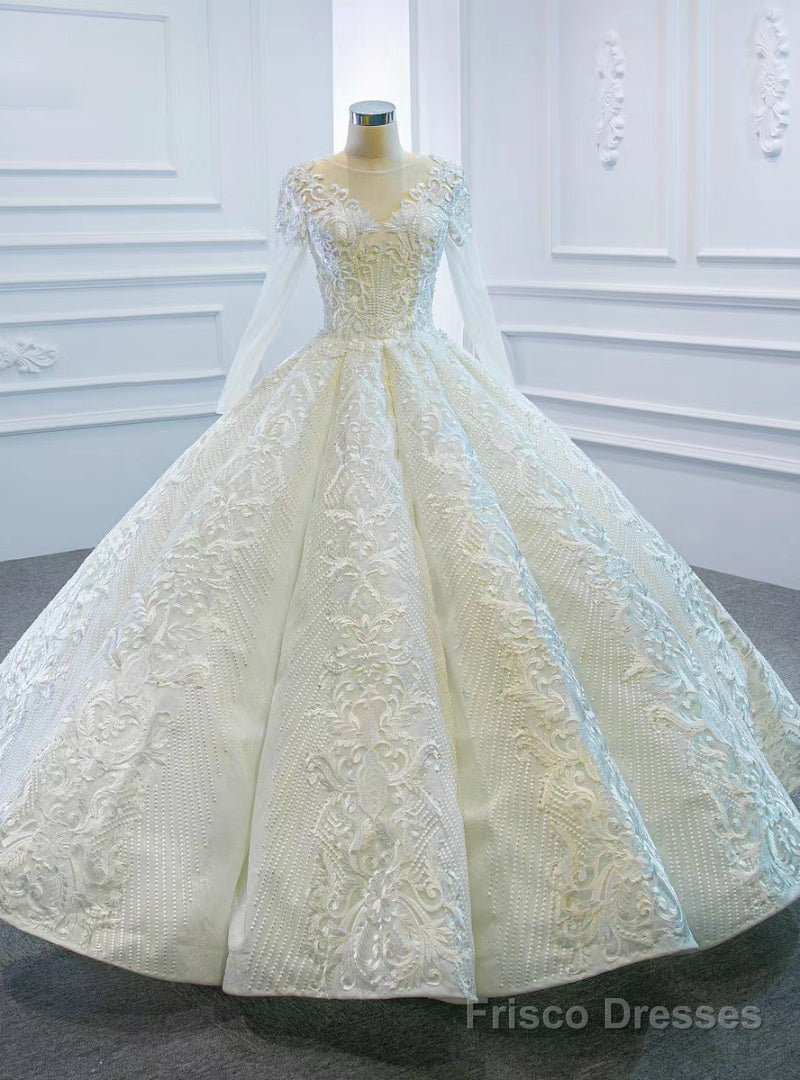 Online Store White Ball Gown Lace Appliques Long Sleeve Beading Wedding Dress