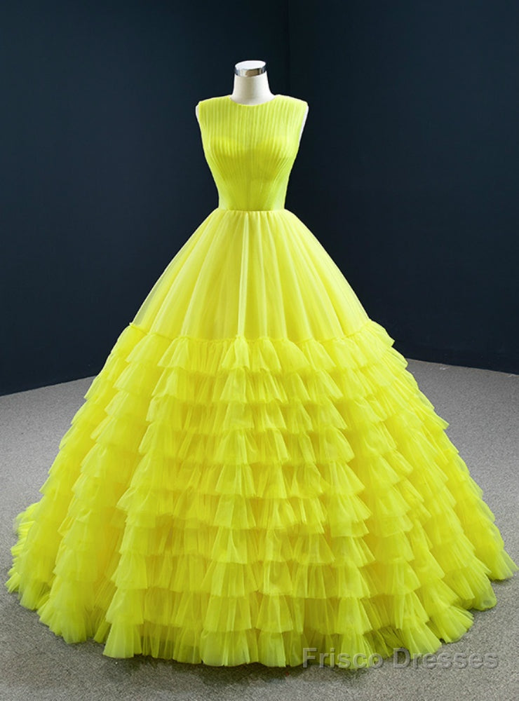Online Store Yellow Ball Gown Tulle Pleata Tiers Floor Length Prom Dress Main image