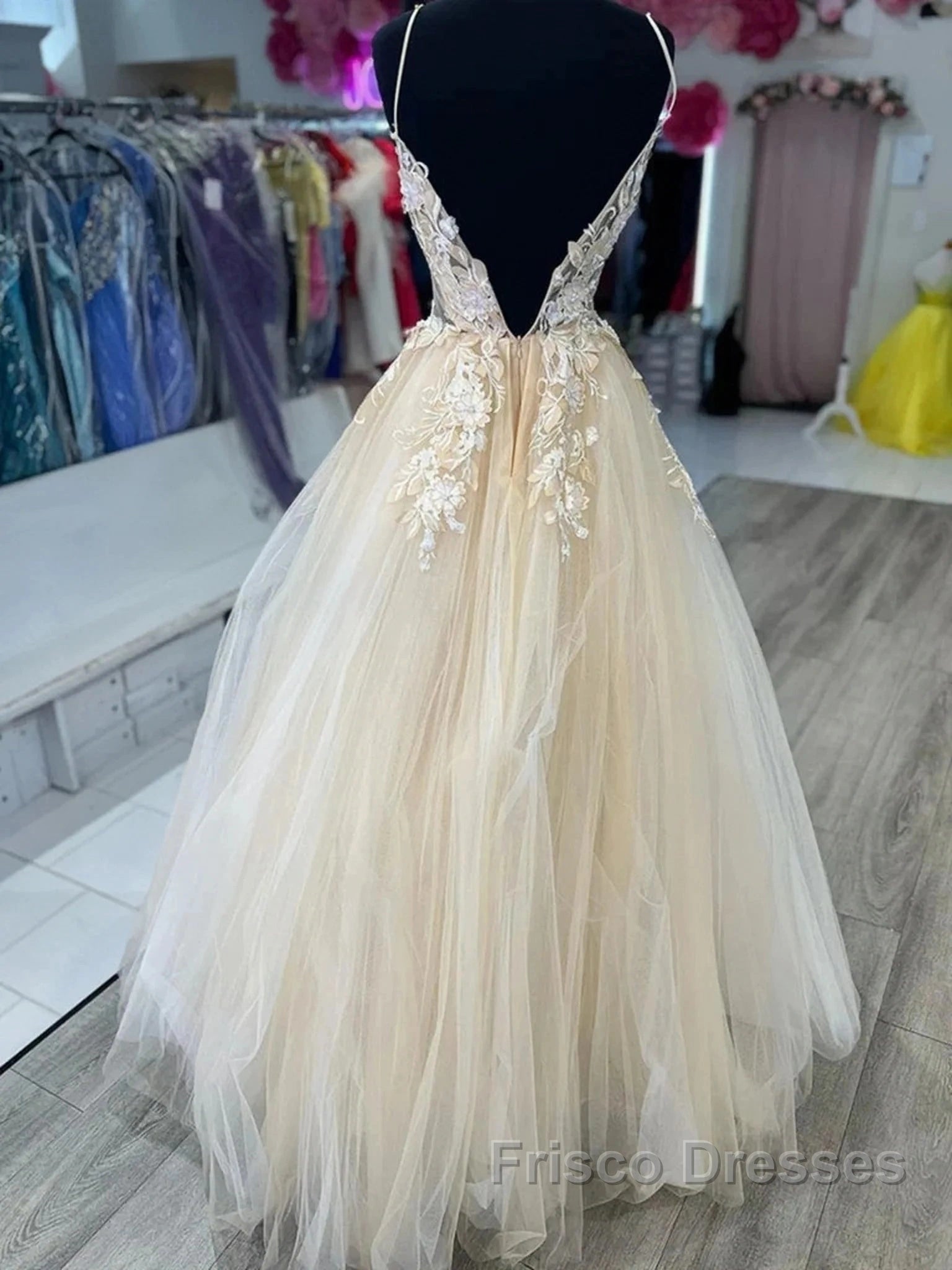 Open Back Appliques A Line V Neck Champagne Formal Prom Dress