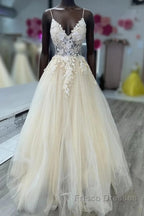 Open Back Appliques A Line V Neck Champagne Formal Prom Dress