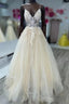 Open Back Appliques A Line V Neck Champagne Formal Prom Dress