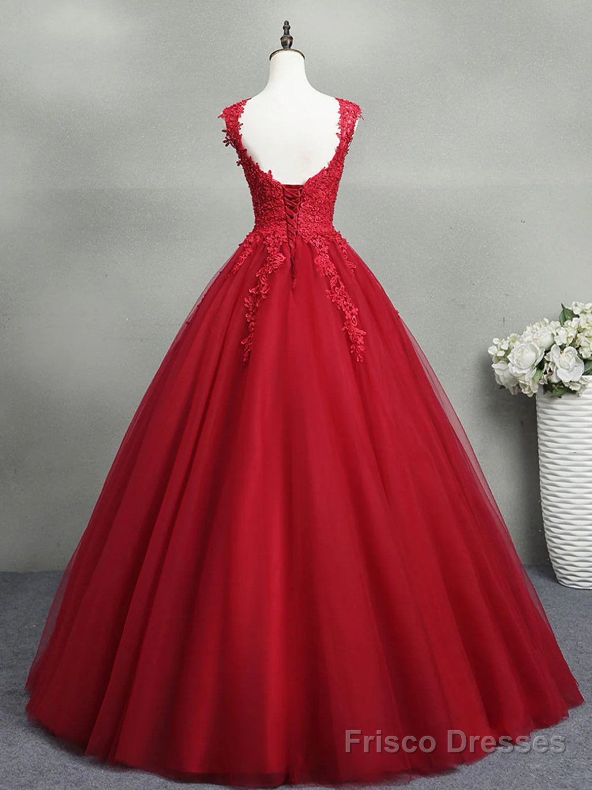 Open Back Burgundy Lace Tulle Long Prom Dresses, Burgundy Lace Formal Evening Dresses