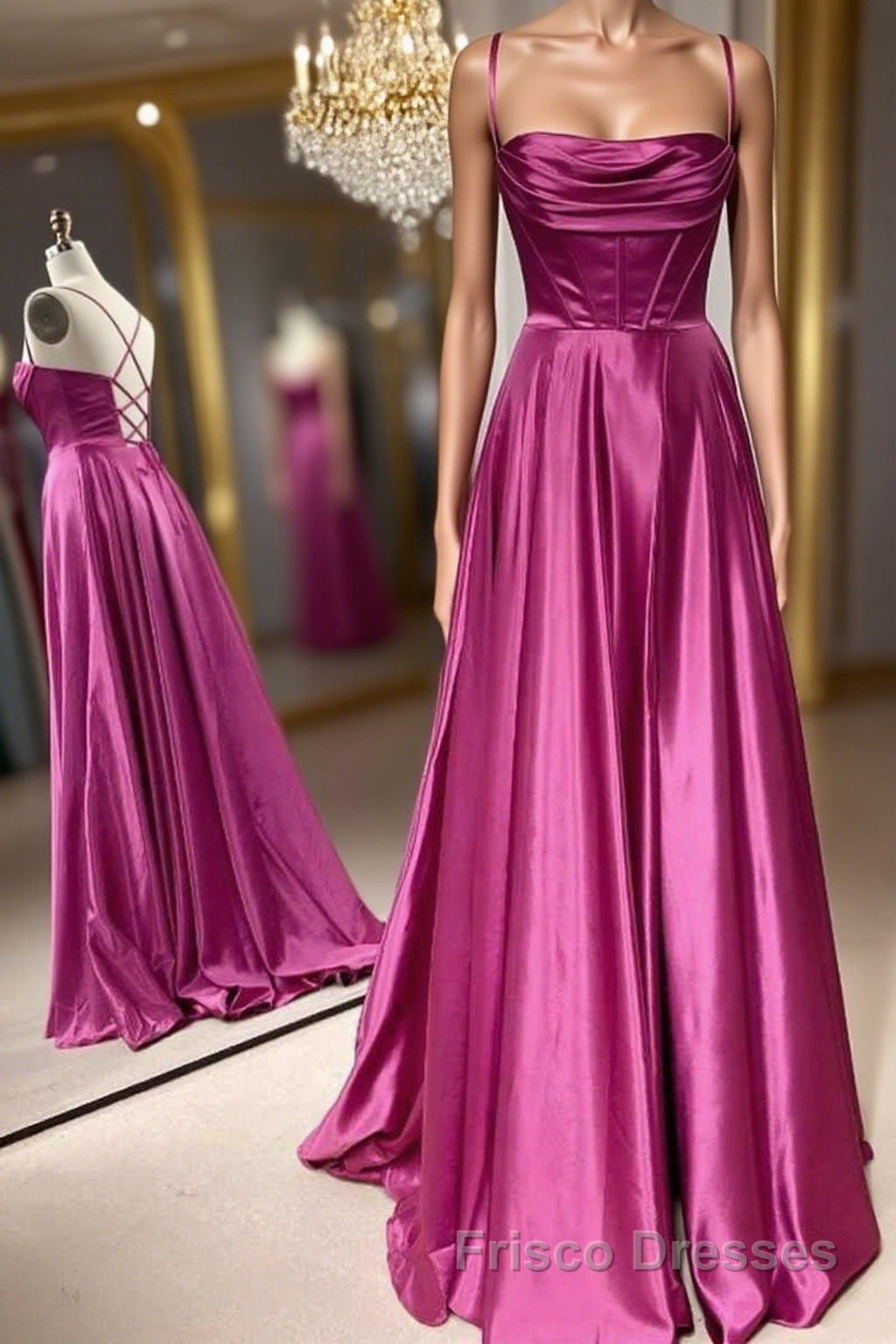 Open Back Fuchsia Satin Ruched Long Formal Prom Dresses, Long Fuchsia Formal Graduation Evening Dresses Main image
