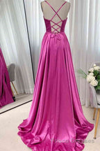 Open Back Fuchsia Satin Ruched Long Formal Prom Dresses, Long Fuchsia Formal Graduation Evening Dresses