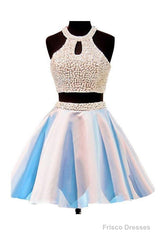 Open Back Jewel Sleeveless Homecoming Dess With Beading
