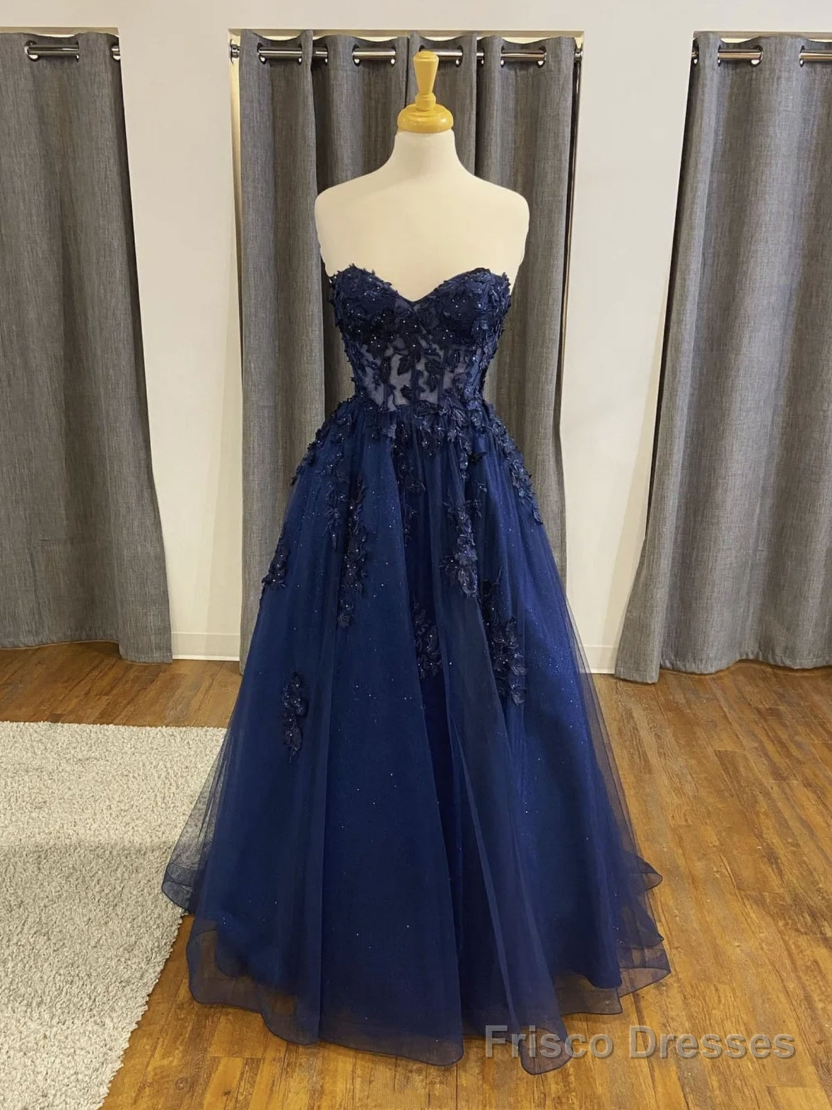 Open Back Navy Blue Lace Beaded Long Prom Dresses,Formal Graduation Party Dress Main image