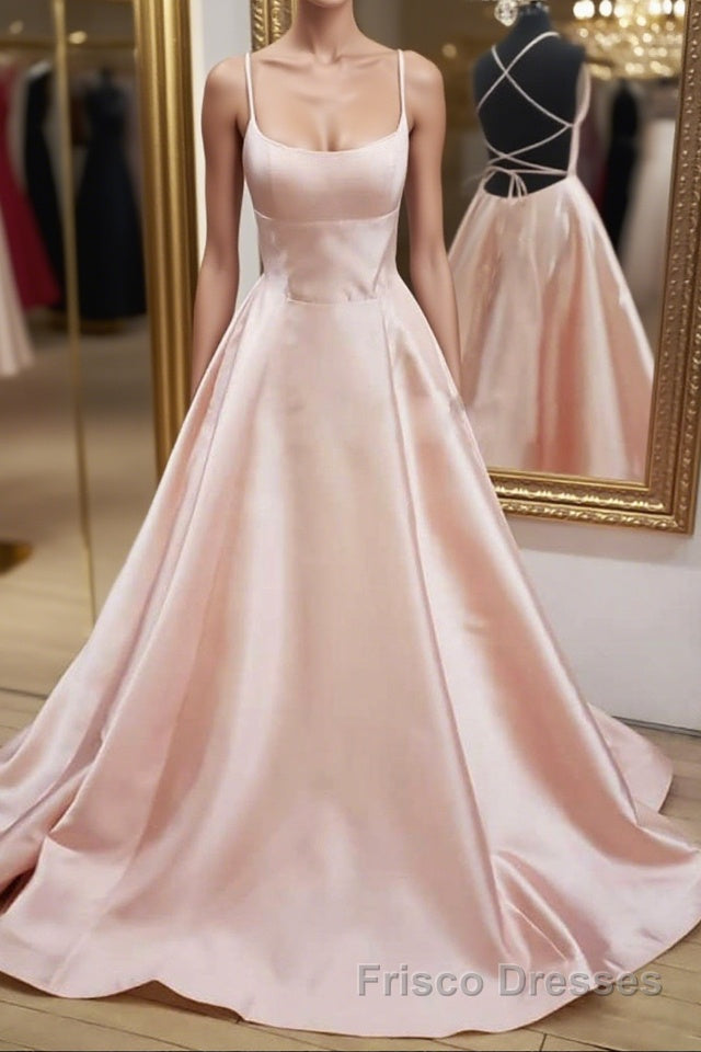 Open Back Pink Satin Long Formal Prom Dresses, Backless Pink Satin Long Formal Evening Dresses Main image