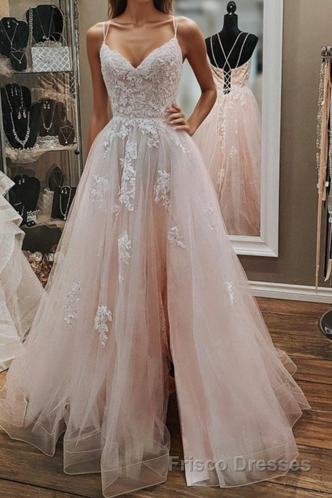 Open Back Pink Tulle Lace Long Formal Prom Dresses with Appliques, Pink Lace Formal Graduation Evening Dresses