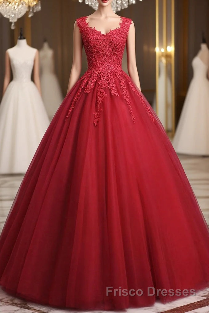 Open Back Red Lace Long Formal Prom Dresses, Red Lace Formal Evening Dresses, Red Ball Gown Main image