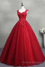 Open Back Red Lace Long Formal Prom Dresses, Red Lace Formal Evening Dresses, Red Ball Gown
