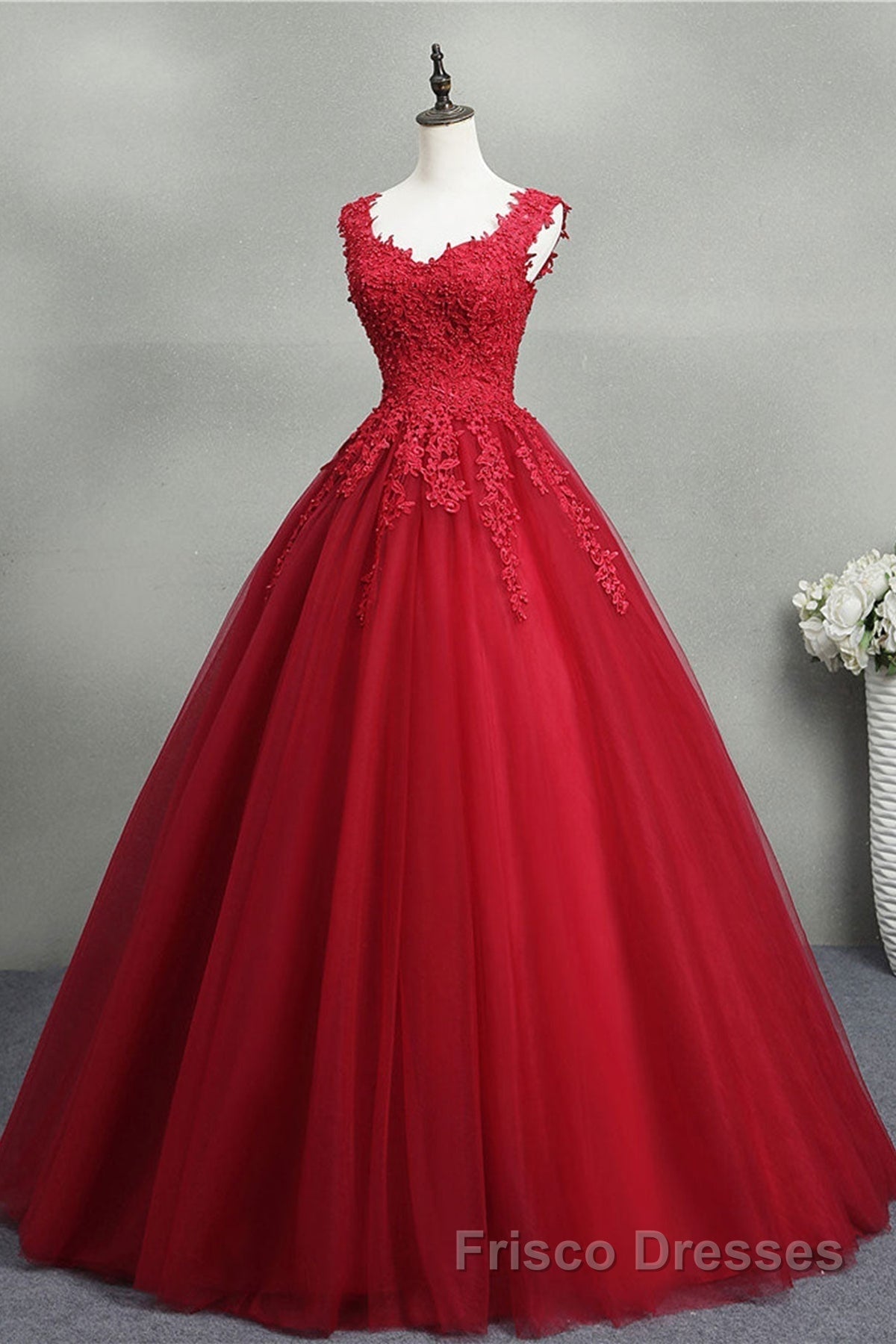 Open Back Red Lace Long Formal Prom Dresses, Red Lace Formal Evening Dresses, Red Ball Gown