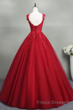 Open Back Red Lace Long Formal Prom Dresses, Red Lace Formal Evening Dresses, Red Ball Gown