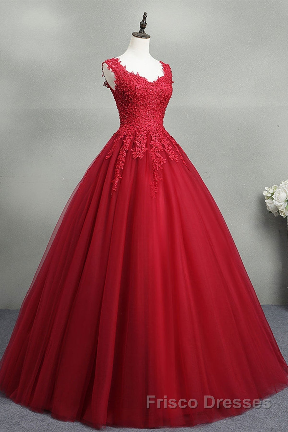 Open Back Red Lace Long Formal Prom Dresses, Red Lace Formal Evening Dresses, Red Ball Gown