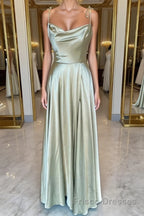 Open Back Sage Satin Long Formal Prom Dresses with High Slit, Long Sage Formal Graduation Evening Dresses