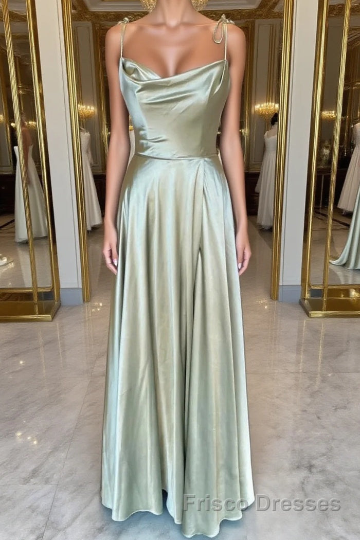Open Back Sage Satin Long Formal Prom Dresses with High Slit, Long Sage Formal Graduation Evening Dresses