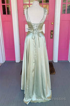 Open Back Sage Satin Long Formal Prom Dresses with High Slit, Long Sage Formal Graduation Evening Dresses
