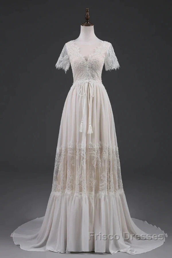 Open Back Short Sleeves V-Neck Lace Beach Wedding Dress Secondary image