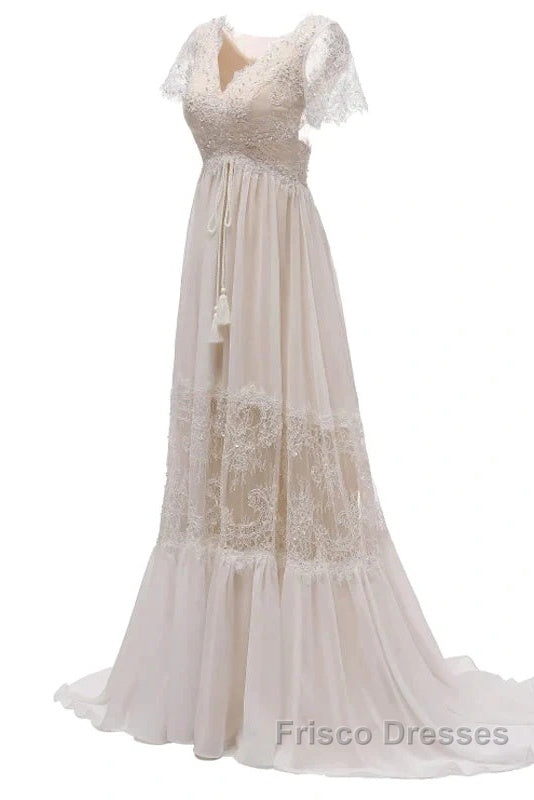 Open Back Short Sleeves V-Neck Lace Beach Wedding Dress