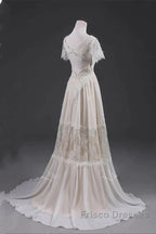 Open Back Short Sleeves V-Neck Lace Beach Wedding Dress