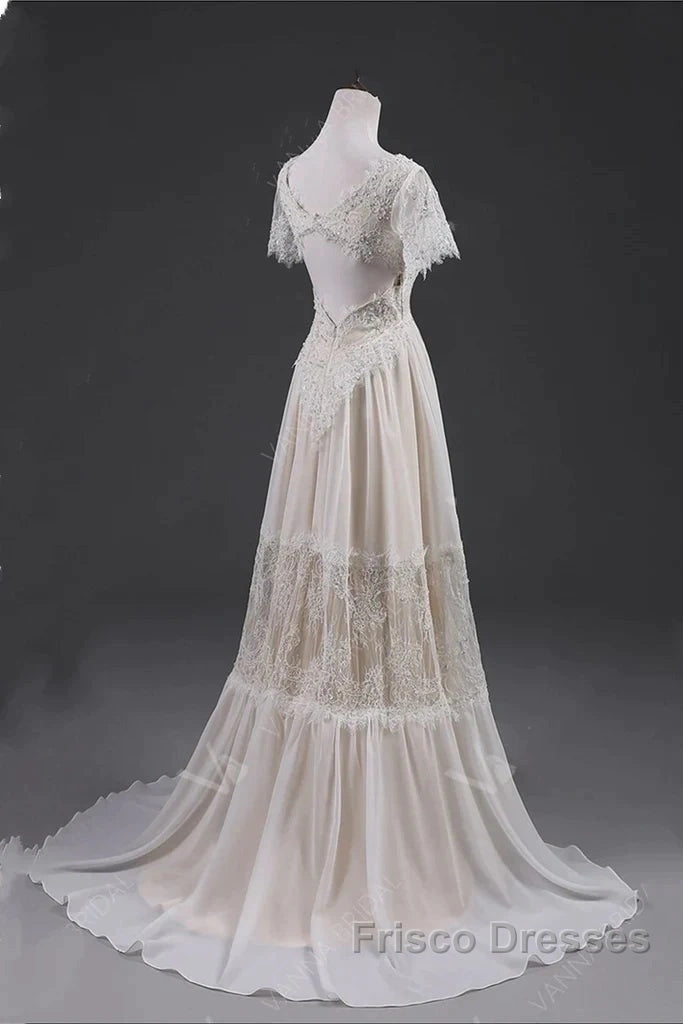 Open Back Short Sleeves V-Neck Lace Beach Wedding Dress