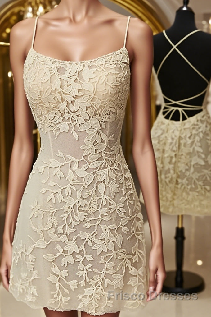 Open Back Short Yellow Lace Formal Prom Dresses, Short Backless Yellow Lace Formal Homecoming Dresses Main image