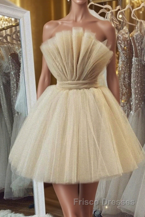 Open Back Strapless Champagne Tulle Short Formal Prom Homecoming Dresses, Strapless Champagne Formal Graduation Evening Dresses Main image