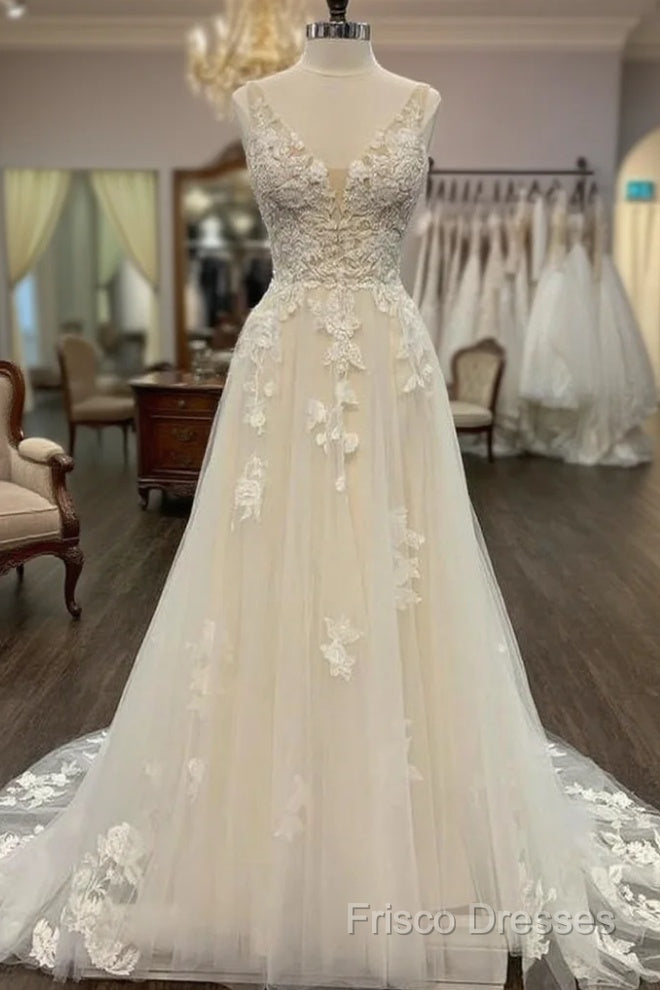 Open Back V-Neck A-Line Wedding Dress, Bridal Gown ,Dress For Brides Main image