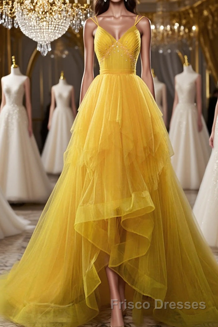 Open Back V Neck High Low Yellow Tulle Long Formal Prom Dresses, High Low Yellow Formal Evening Dresses