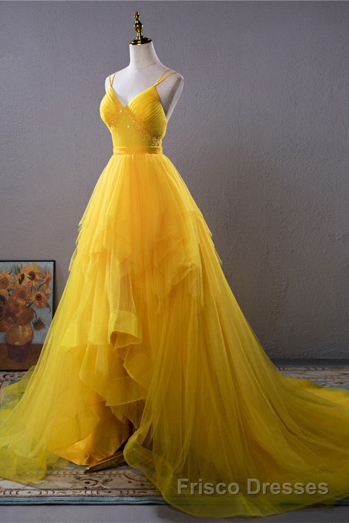 Open Back V Neck High Low Yellow Tulle Long Formal Prom Dresses, High Low Yellow Formal Evening Dresses Secondary image