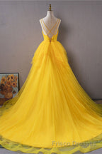 Open Back V Neck High Low Yellow Tulle Long Formal Prom Dresses, High Low Yellow Formal Evening Dresses