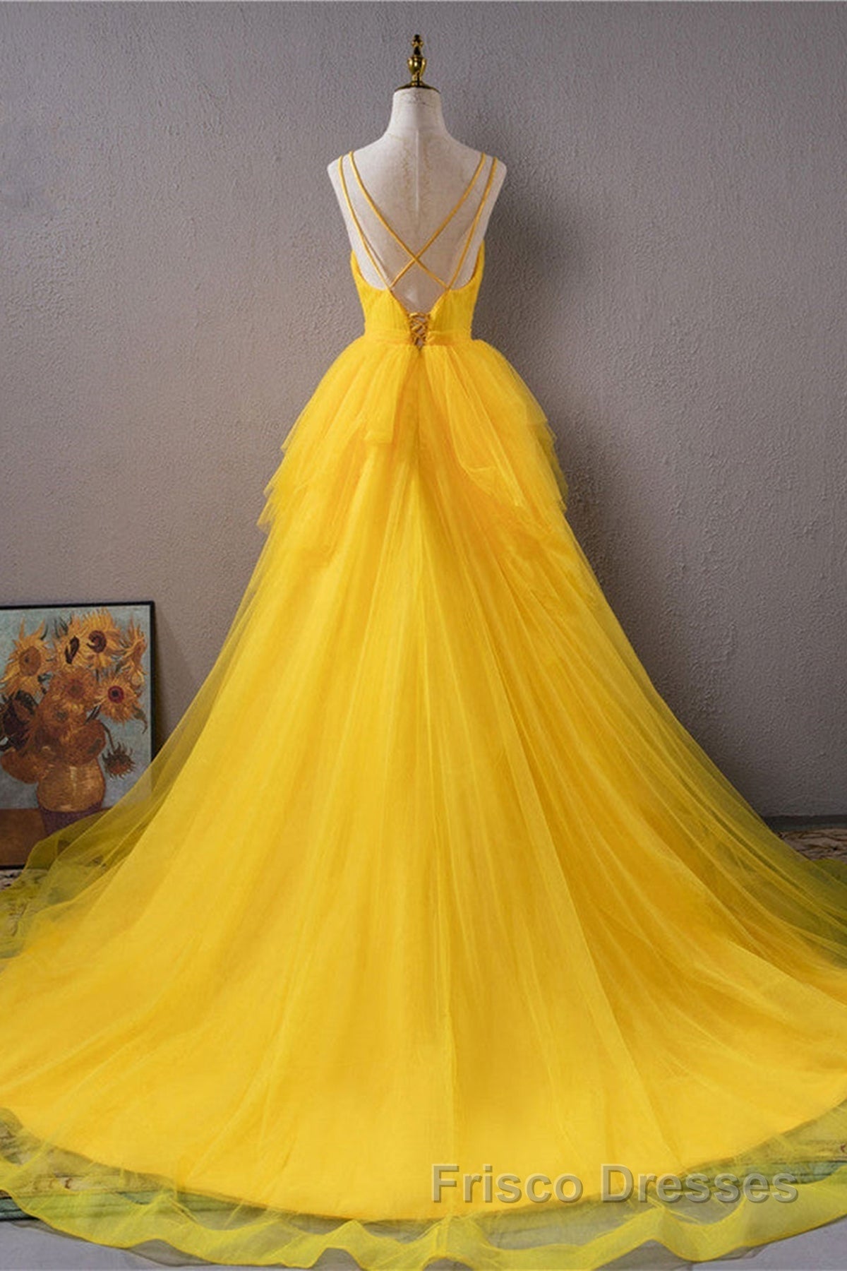 Open Back V Neck High Low Yellow Tulle Long Formal Prom Dresses, High Low Yellow Formal Evening Dresses