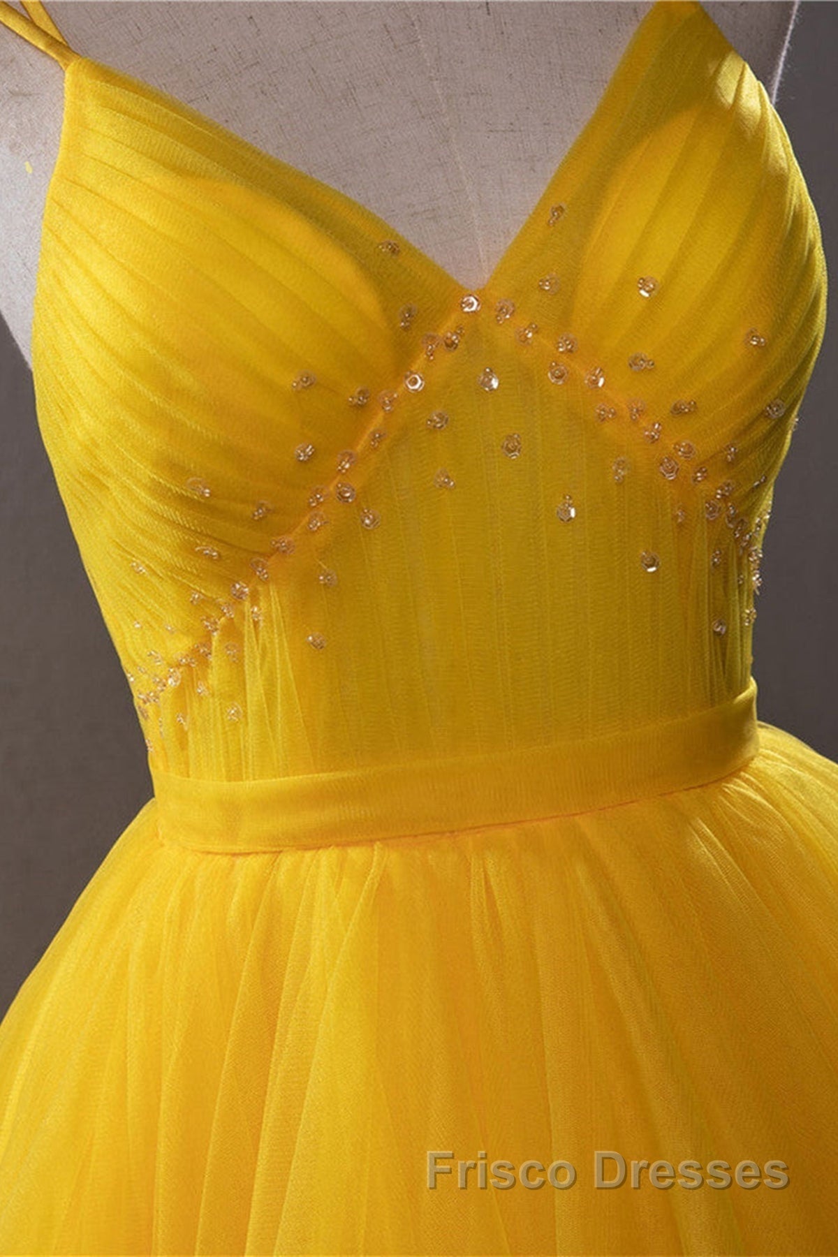 Open Back V Neck High Low Yellow Tulle Long Formal Prom Dresses, High Low Yellow Formal Evening Dresses