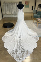 Open Back V Neck Mermaid White Lace Long Prom Dresses With Train, White Lace Wedding Dresses, White Formal Evening Dresses A2132