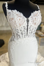 Open Back V Neck Mermaid White Lace Long Prom Dresses With Train, White Lace Wedding Dresses, White Formal Evening Dresses A2132