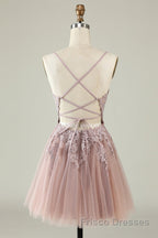 Open Back V Neck Pink Lace Appliques Formal Prom Dresses, Pink Lace Homecoming Dresses, Short Pink Formal Graduation Evening Dresses