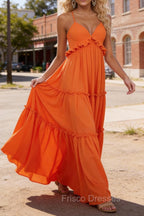 Orange A-line V Neck Sleeveless Floor-Length Chiffon Prom Dress Long Prom Dresses Backless with Pleated Ruffles