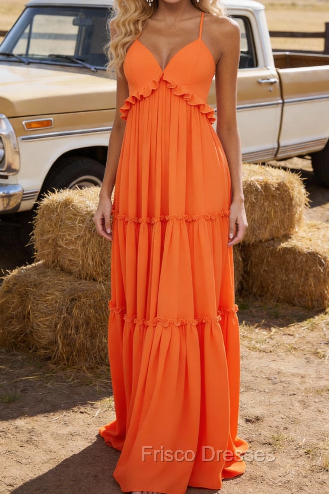 Orange A-line V Neck Sleeveless Floor-Length Chiffon Prom Dress Long Prom Dresses Backless with Pleated Ruffles