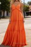 Orange A-line V Neck Sleeveless Floor-Length Chiffon Prom Dress Long Prom Dresses Backless with Pleated Ruffles
