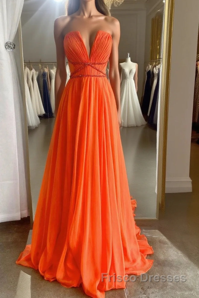 Orange Aline chiffon long Formal Prom Dresses, orange long evening Dresses