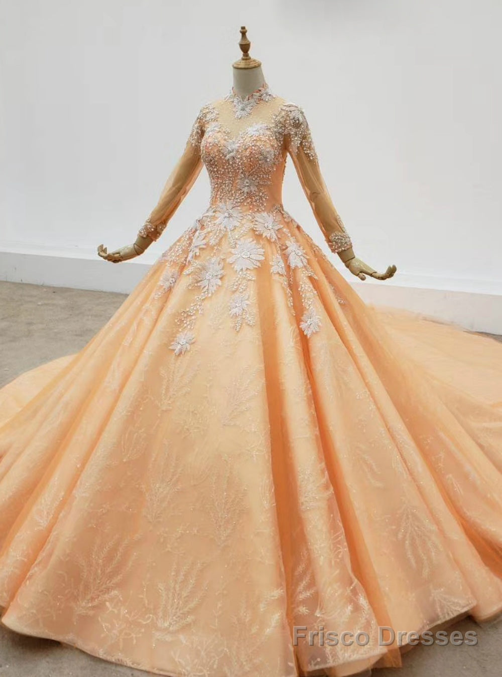 Orange Ball Gown Tulle High Neck Long Sleeve Sequins Appliques Wedding Dress Main image