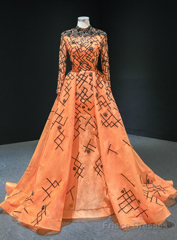 Orange Ball Gown Tulle Sequins Long Sleeve High Neck Prom Dress Main image