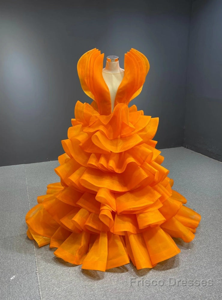 Orange Ball Gown Tulle Tiers See Through V-neck Prom Dress Main image