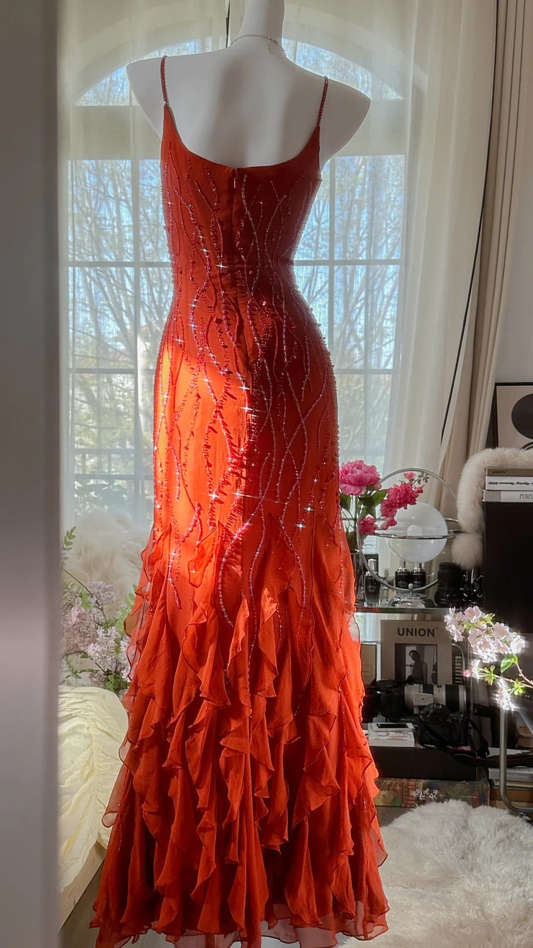 Orange Beautiful Charming Fashion Elegant Shiny Exquisite Beaded Long Chiffon Ball Gown Evening Gown Birthday Party Gown Prom Gown Graduation Gown Secondary image
