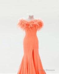 Orange Feather Mermaid Split Prom Dresses