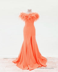Orange Feather Mermaid Split Prom Dresses