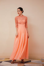 Lace Chiffon Long Zipper Back Mother of the Bride Dresses With Sleeves