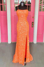 Orange Lace-Up Sequins Prom Dress with Slit
